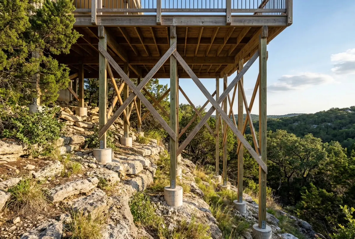 Tall posts, bracing and pier footings carry a raised deck on a slope.